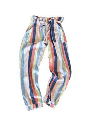 Indigo Rein Striped Linen Blend Cropped Pants Self Belt Size Medium